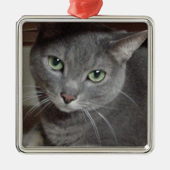 Grey Cat Russian Blue Metal Tree Decoration (Front)