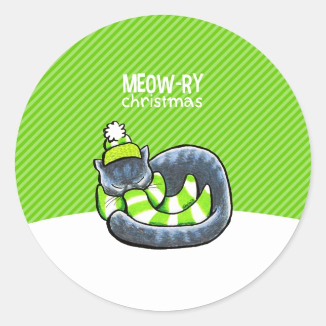 Grey Cat Scarf Christmas Green Stripe Classic Round Sticker (Front)