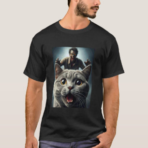 Grey Cat Selfie with Zombie Funny Pet Owner Graphi T-Shirt