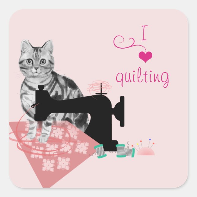 Grey Cat Sewing and Quilting Square Sticker (Front)