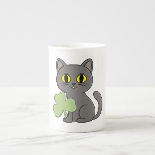 Grey Cat Shamrock Clover Charm Bone China Mug
