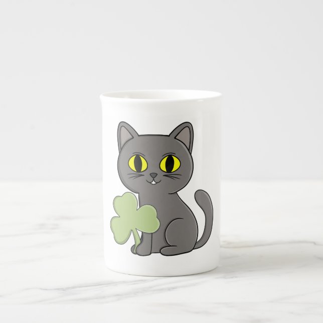 Grey Cat Shamrock Clover Charm Bone China Mug (Front)