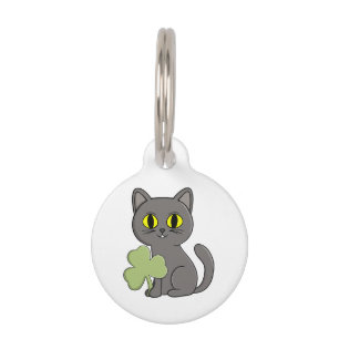 Grey Cat Shamrock Clover Charm Pet Tag