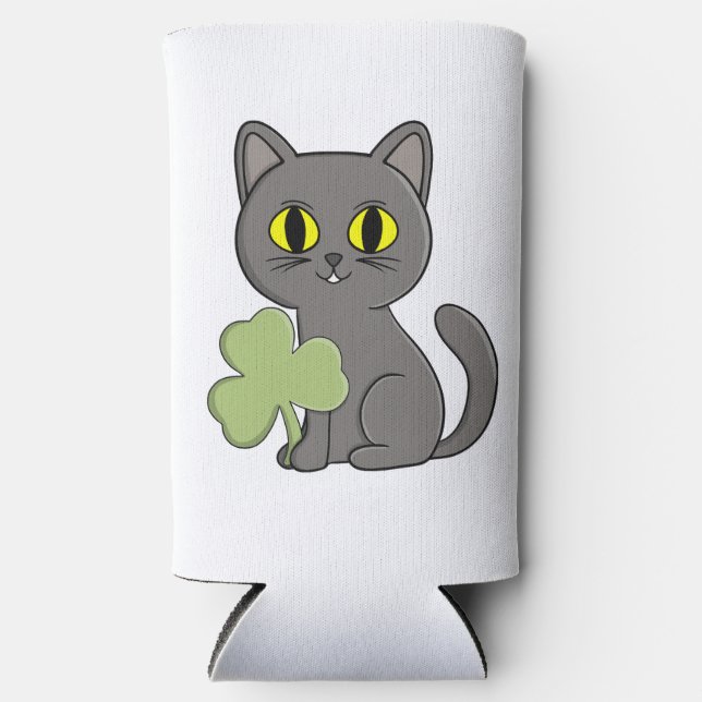 Grey Cat Shamrock Clover Charm Seltzer Can Cooler (Front)