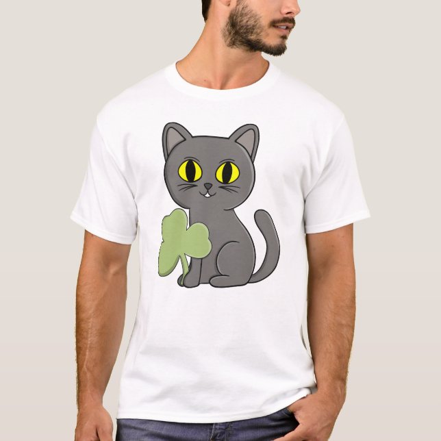 Grey Cat Shamrock Clover Charm T-Shirt (Front)