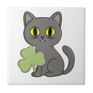 Grey Cat Shamrock Clover Charm Tile