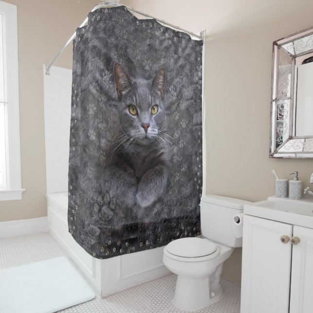 Grey Cat Shower Curtain (In Situ)