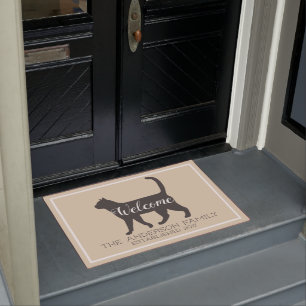 Grey Cat Silhouette & Taupe   Family Name Doormat
