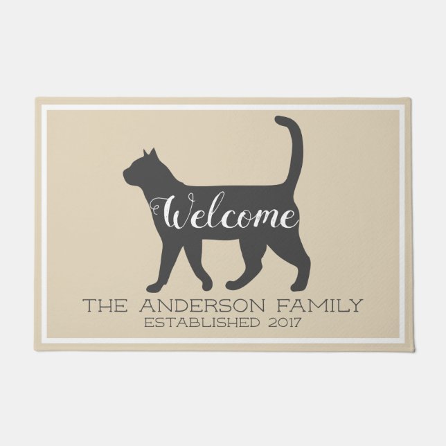 Grey Cat Silhouette & Taupe | Family Name Doormat (Front)