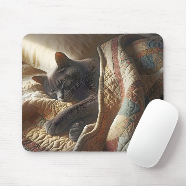 Grey Cat Sleeping Under A Quilt Mouse Mat (With Mouse)