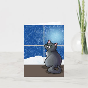 Grey Cat Snowy Window Throw Pillow Card