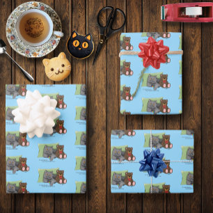 Grey Cat Teddy Bear Wrapping Paper Sheet