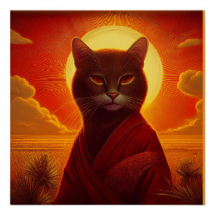 Grey Cat Wearing Fashionable Robe In Sunset Scene Poster