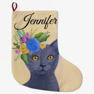Grey Cat Whimsical Art Large Christmas Stocking