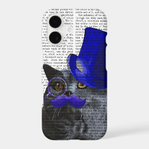 Grey Cat With Blue Top Hat and Blue Moustache