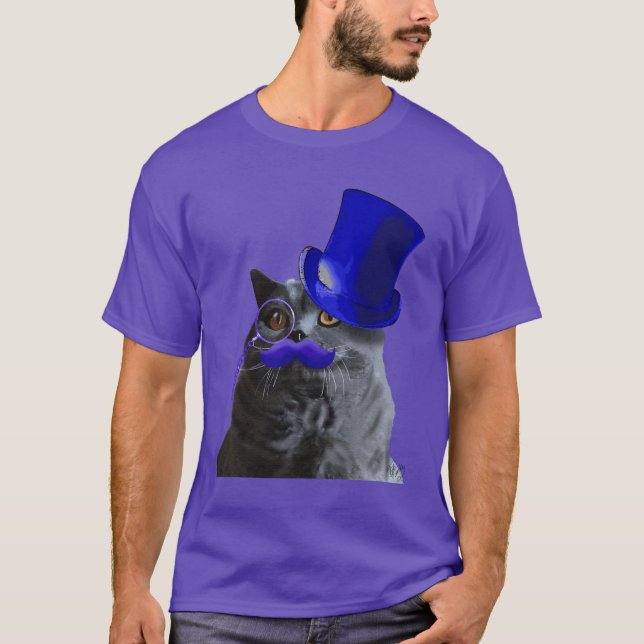 Grey Cat With Blue Top Hat and Blue Moustache (Front)