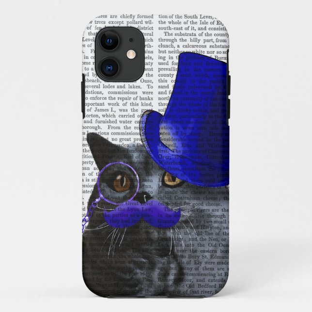 Grey Cat With Blue Top Hat and Blue Moustache Case-Mate iPhone Case (Back)