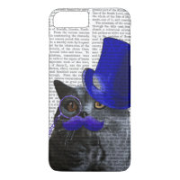 Grey Cat With Blue Top Hat and Blue Moustache