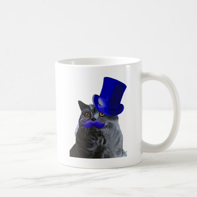 Grey Cat With Blue Top Hat and Blue Moustache Coffee Mug (Right)