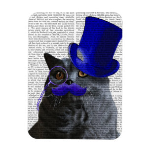 Grey Cat With Blue Top Hat and Blue Moustache Magnet