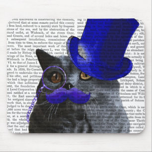 Grey Cat With Blue Top Hat and Blue Moustache Mouse Mat