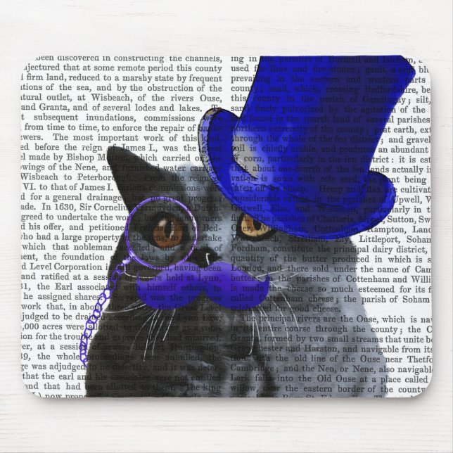 Grey Cat With Blue Top Hat and Blue Moustache Mouse Mat (Front)