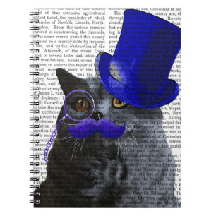 Grey Cat With Blue Top Hat and Blue Moustache Notebook