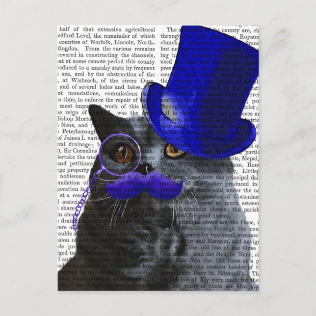 Grey Cat With Blue Top Hat and Blue Moustache Postcard (Front)