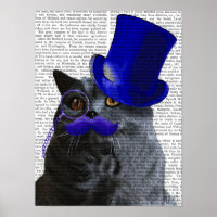 Grey Cat With Blue Top Hat and Blue Moustache