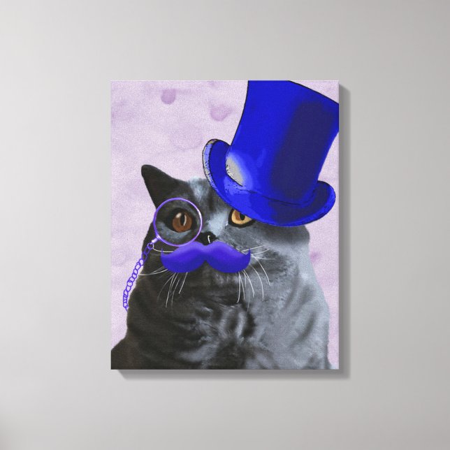 Grey Cat With Blue Top Hat and Moustache Canvas Print (Front)