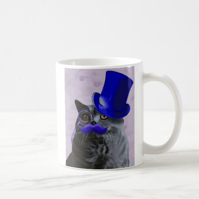 Grey Cat With Blue Top Hat and Moustache Coffee Mug (Right)