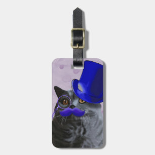 Grey Cat With Blue Top Hat and Moustache Luggage Tag