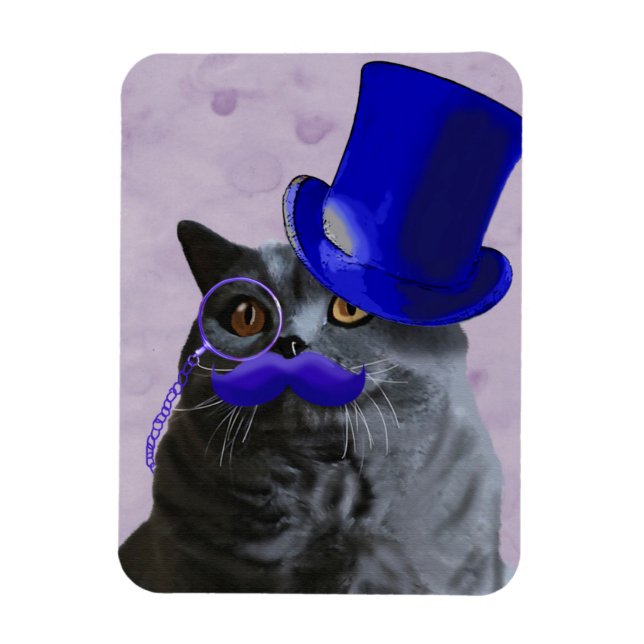 Grey Cat With Blue Top Hat and Moustache Magnet (Vertical)