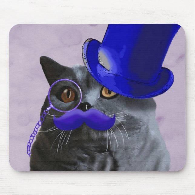 Grey Cat With Blue Top Hat and Moustache Mouse Mat (Front)