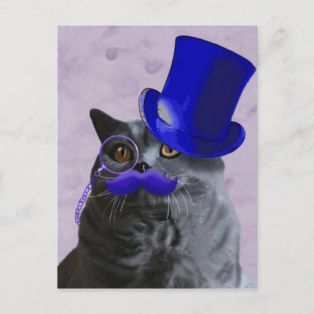 Grey Cat With Blue Top Hat and Moustache Postcard (Front)