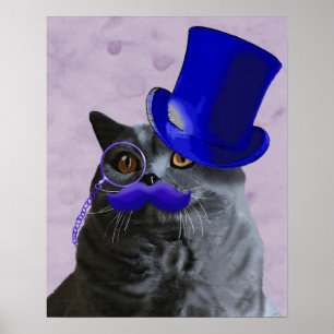 Grey Cat With Blue Top Hat and Moustache Poster