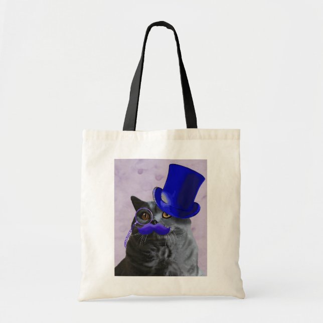 Grey Cat With Blue Top Hat and Moustache Tote Bag (Front)
