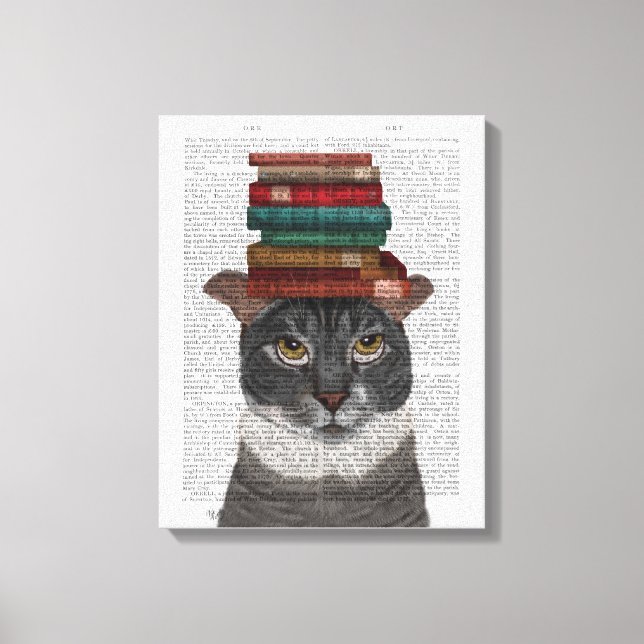 Grey Cat with Books on Head Canvas Print (Front)