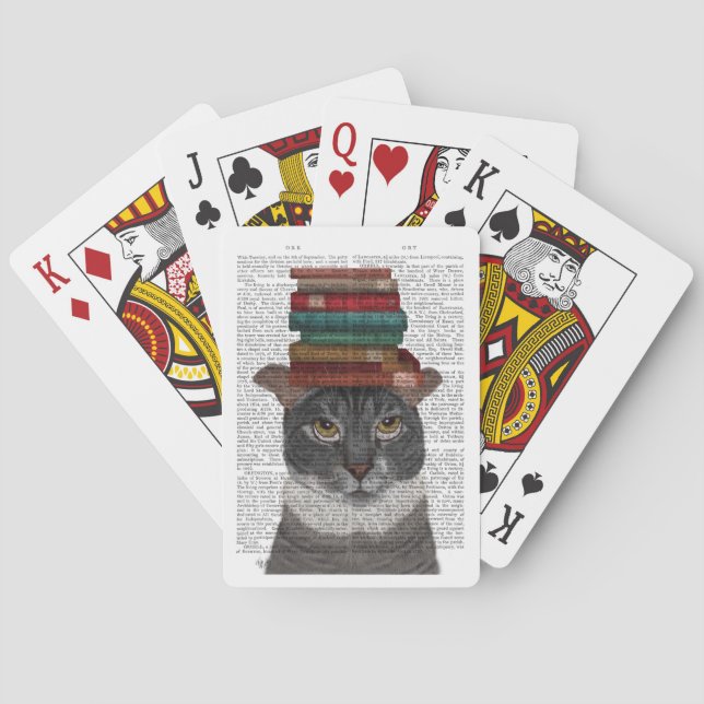 Grey Cat with Books on Head Playing Cards (Back)