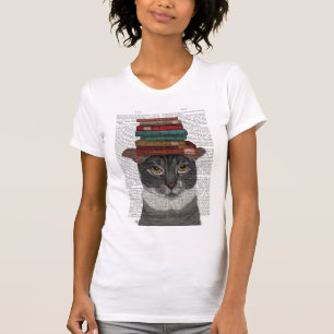 Grey Cat with Books on Head T-Shirt