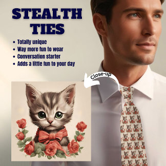 Grey Cat with Bowtie and Roses Stealth Neck Tie