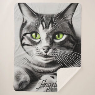 Grey Cat with Bright Green Eyes Personalised Name Sherpa Blanket