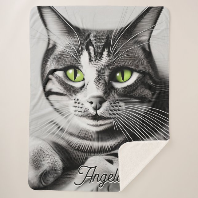 Grey Cat with Bright Green Eyes Personalised Name Sherpa Blanket (Front)