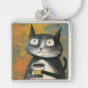 Grey Cat with Coffee on Ochre Key Ring