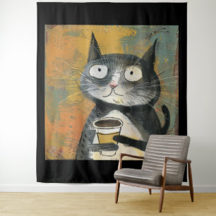 Grey Cat with Coffee on Ochre Tapestry