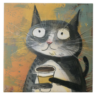 Grey Cat with Coffee on Ochre Tile