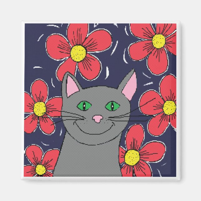 Grey cat with flowers magnet (Front)