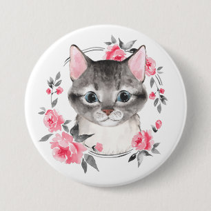 Grey cat with flowers. Watercolor 7.5 Cm Round Badge