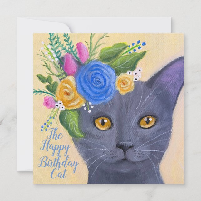 Grey Cat with Flowers Whimsical Art (Front)