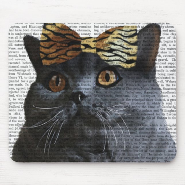 Grey Cat with Leopard Bow Mouse Mat (Front)